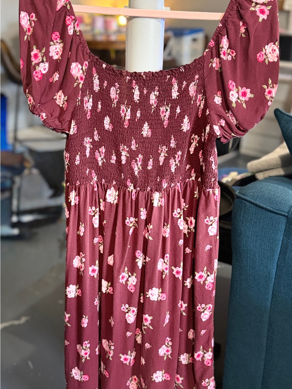 Lily Morgan XL Burgundy Flower Smocked Puff Sleeve Mini Dress Tunic Top - Picture 6 of 10